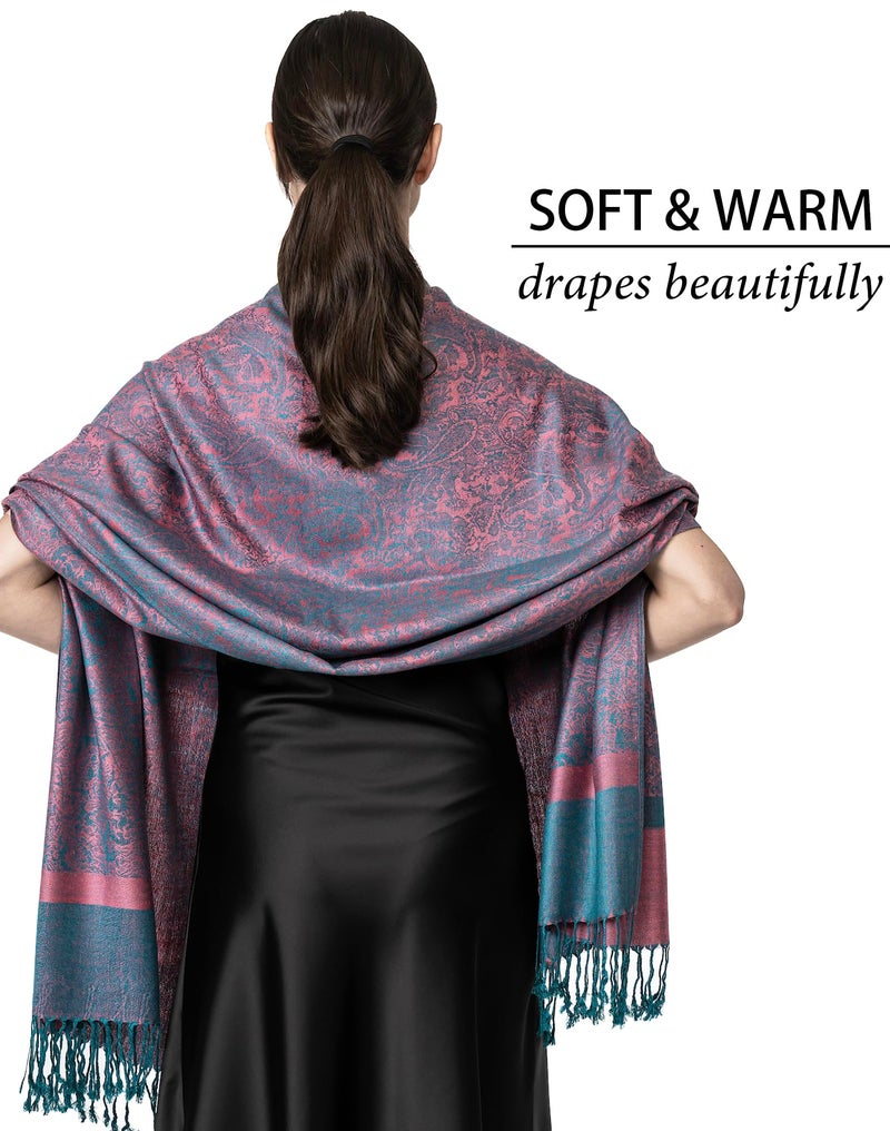 Achillea Women's Two Tone Vintage Jacquard Paisley Pashmina Shawl Wrap Scarf (Pink Teal) - Image 5